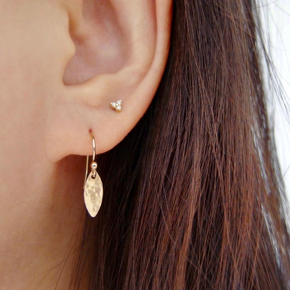 Hammered marquise leaf earrings 14k GF - Picture 2 of 5
